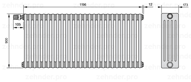 Схема (чертеж) Радиатор Zehnder Charleston 5090/26 №V011 Белый глянцевый RAL 9016